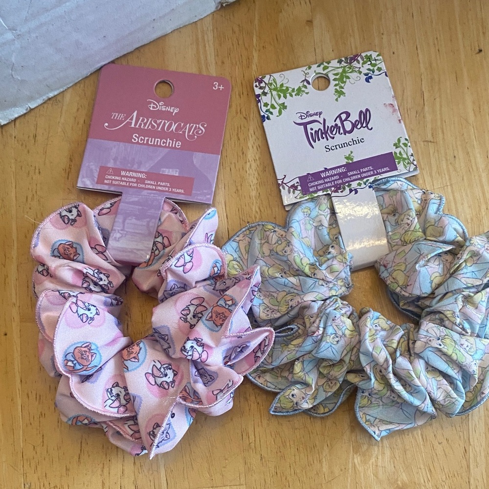 Set of 2 Disney hair scrunchies Pink Aristocats & Pastel Tinker Bell Duo NWT